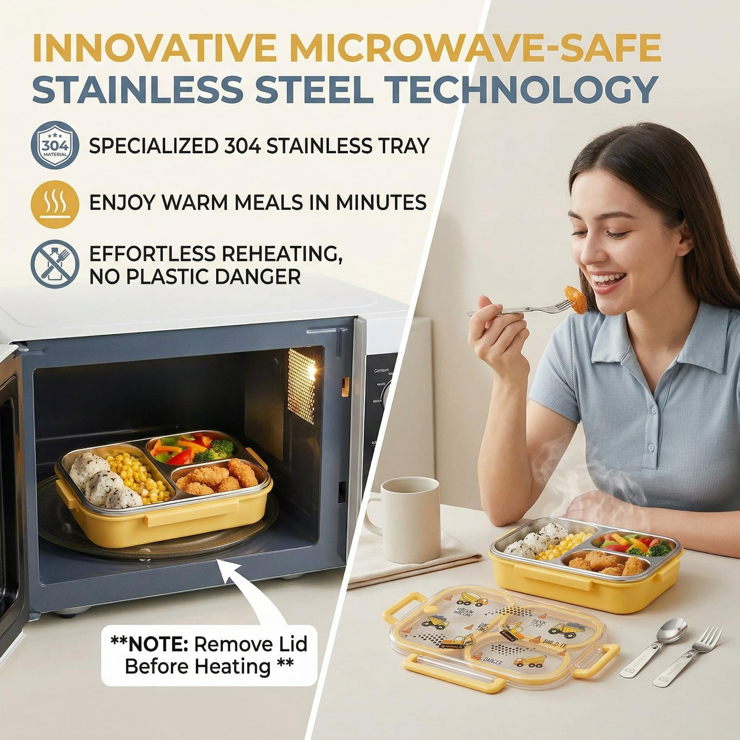WORTHBUY Microwavable 304 Stainless Steel Bento Box With Utensils, Metal Lunch Container With 3 Compartments, Leak Proof Lunch Box, Portable Concealed Handle, BPA Free, Dishwasher Safe [Car]