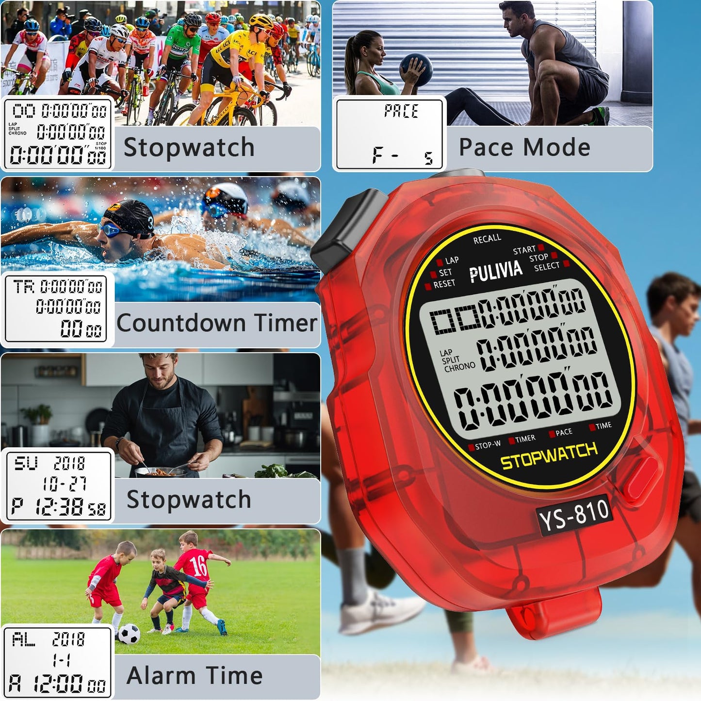 PULIVIA Stopwatch Timer 10 Splits/Laps Digital Stop Watch for Sports, Countdown Alarm Clock Date Memory Recall Large Display, Stopwatch for Coaches PE-Teacher Referee (red, 10 Splits/laps)