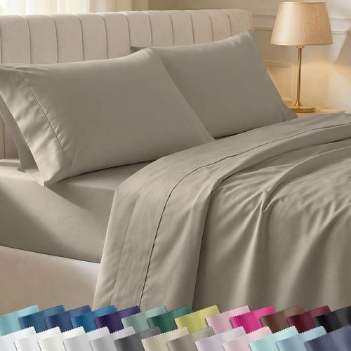 California Design Den Bed Sheets - 100% Cotton Full Size Set, Silky Smooth Sateen, Deep Pockets - Taupe