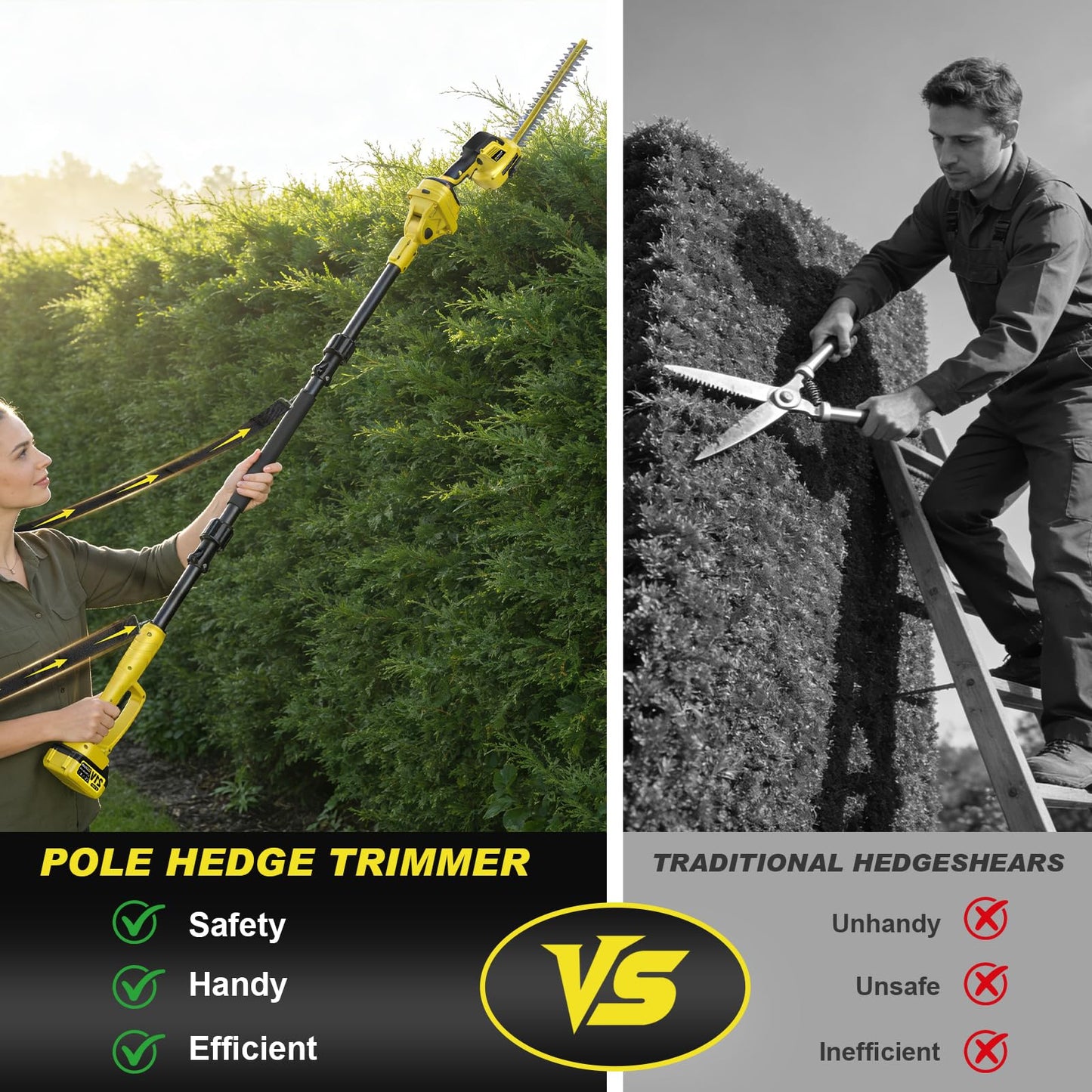 6-IN-1 Cordless Pole Saw & Pole Hedge Trimmer, Dual 4.0Ah Batteries, 8" Brushless Pruning Saw& 16" & 6" Electric Hedge Trimmer Grass Shears, Bush Trimmer, 14.8FT Reach Electric Tree Trimming Kit