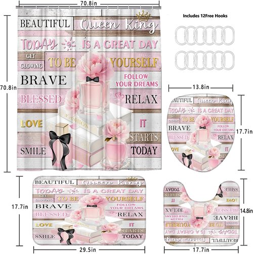 AZHM Shower Curtain Set - Pink Floral Design with Inspirational Quotes | 4-Piece Bathroom Decor