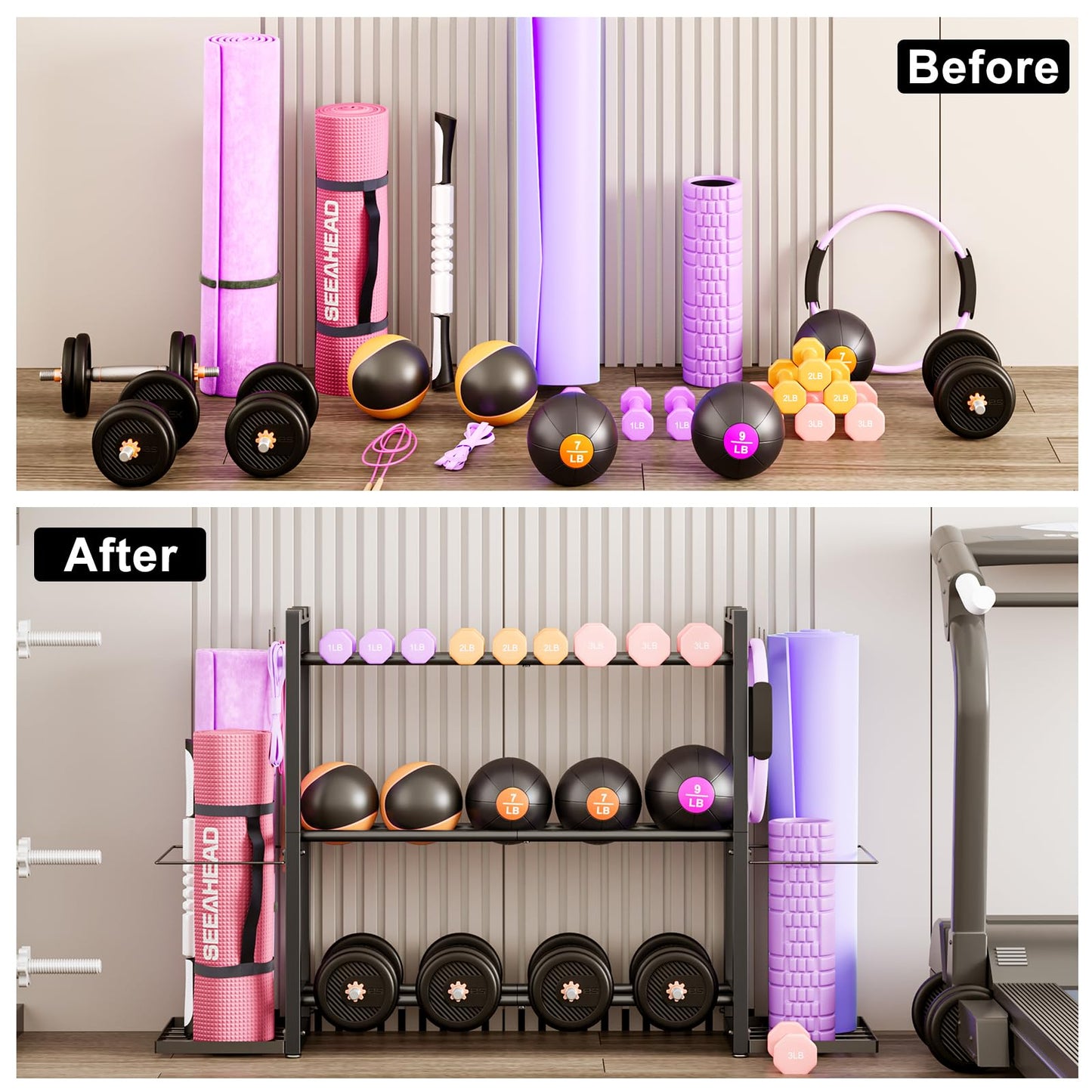 3-Tier Adjustable Dumbbell Rack Heavy Duty Metal Storage Rack, Dumbbell Weight Rack and Kettlebells Rack, Yoga Mat Organizer, Multi-Purpose Gym Equipment Storage Stand for Home Gym Accessories