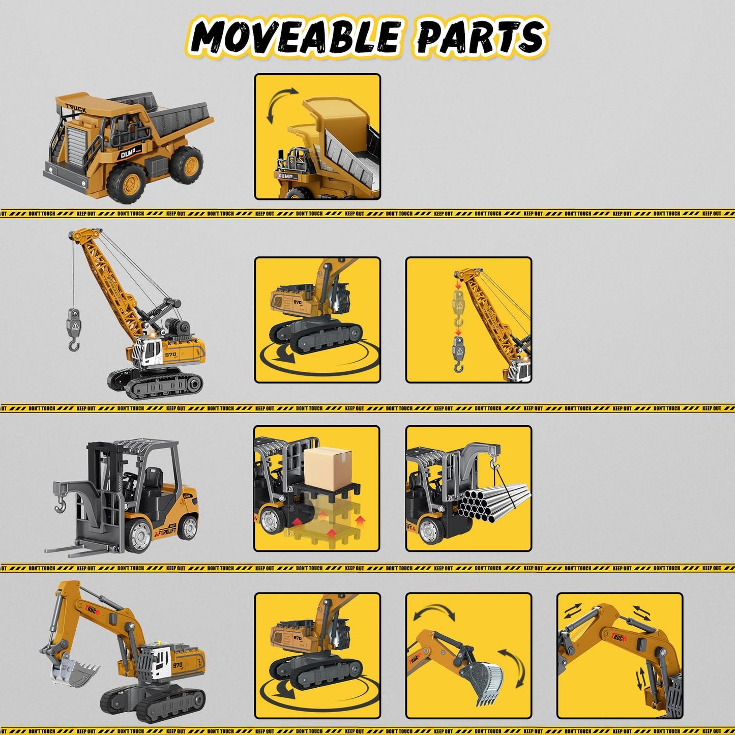 4 PCS RC Construction Vehicles Set with Mini Excavator dump truck Forklift and crane USB Charge Real Lights & Sounds and Movable Parts & Traffic Sign Simulate True Scale Birthday Gifts for Kids Adults