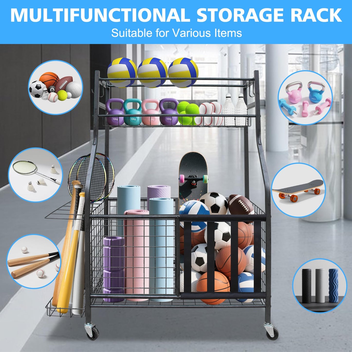 ICSPOID Sports Equipment Garage Organizer, Garage Ball Storage Rack with Basket, Hooks and Rolling Cart for Sports Gear and Toy Storage, Heavy Duty Ball Holder Indoor/Outdoor Use