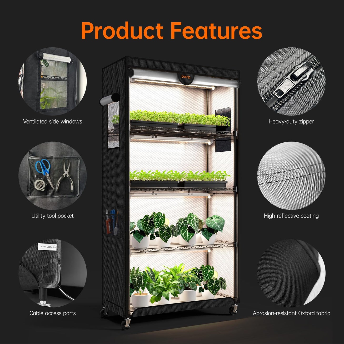 Bstrip Indoor Greenhouse with Grow Light, Plant Stand with 4 Pack 24W Full Spectrum Plant Lights , Plant Shelf with Tent for Indoor Plant, Seed Starting, Seed Tray, 29.5"x13.8"x59"