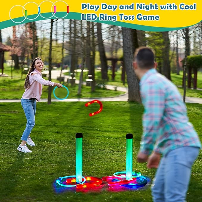 Liliful 20 Pcs Ring Toss Glow in Dark Games Valentines Outdoor Ring Toss Games with LED Yard Ring Toss Game Outdoor Games for Family Adults Lawn Backyard Camping Glow Party Games