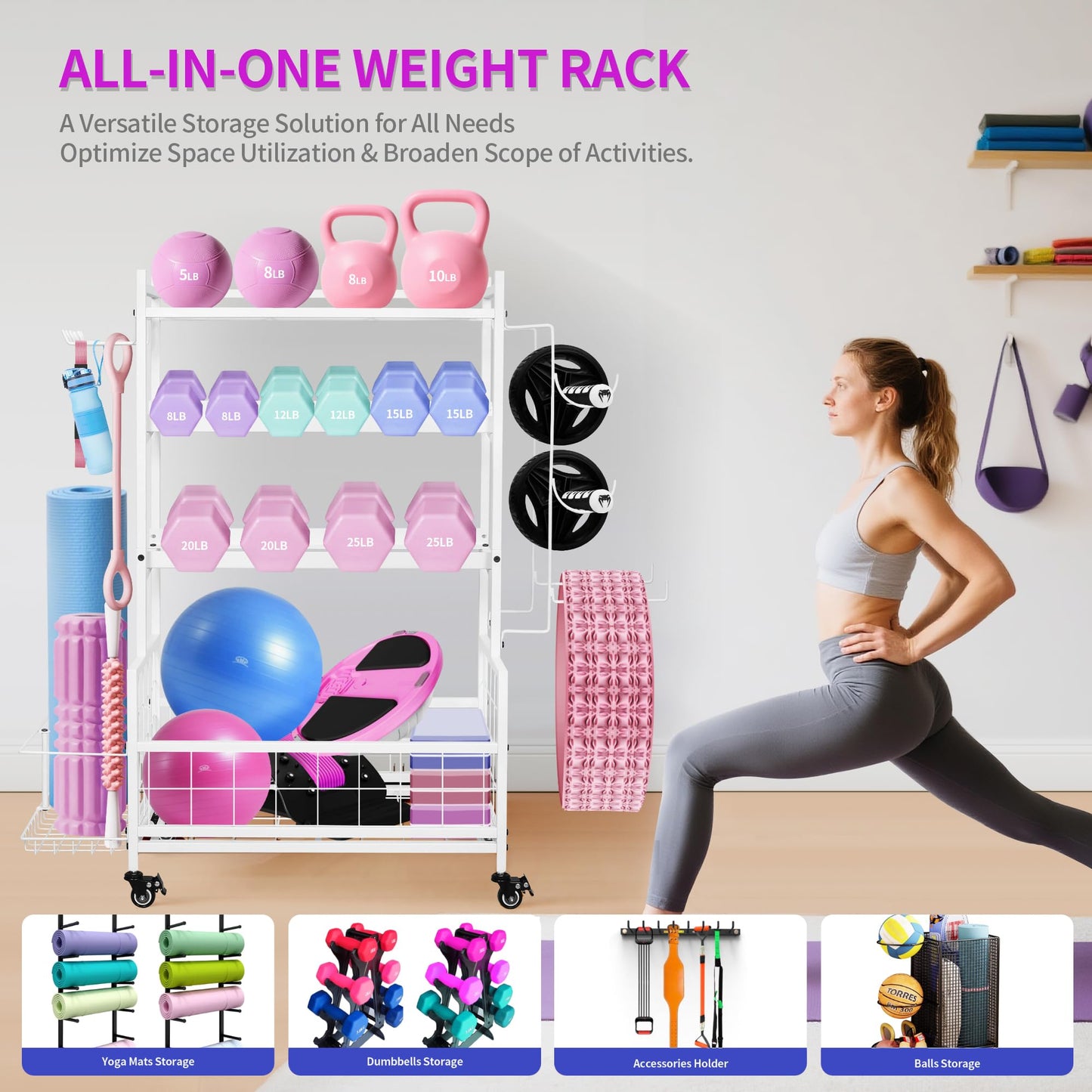Rumizira Dumbbell Rack, Weight Rack for Home Gym Dumbbells, Adjustable Barbell Rack for Kettlebells Yoga Mat & Balls, Sports Equipment Organizer Storage Rack with Wheels for All in One Workout,White