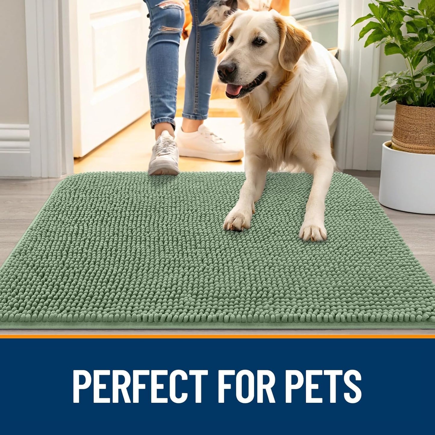 OLANLY Dog Door Mat - Absorbent Non-Slip Mud Mat for Indoor Use | 47x24, Quick Dry Chenille, Olive Green