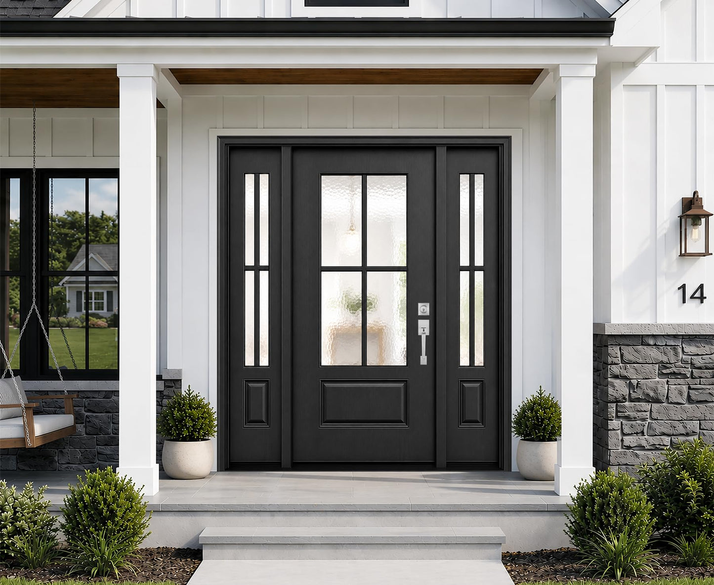 Exterior Fiberglass Front Door 68x80in, Left-Hand Inswing Black Entry Door with 14'' sidelites, Textured Finished with Hammered Glass Knock-Down Entry Door, Vinyl Frame and Brickmould Included