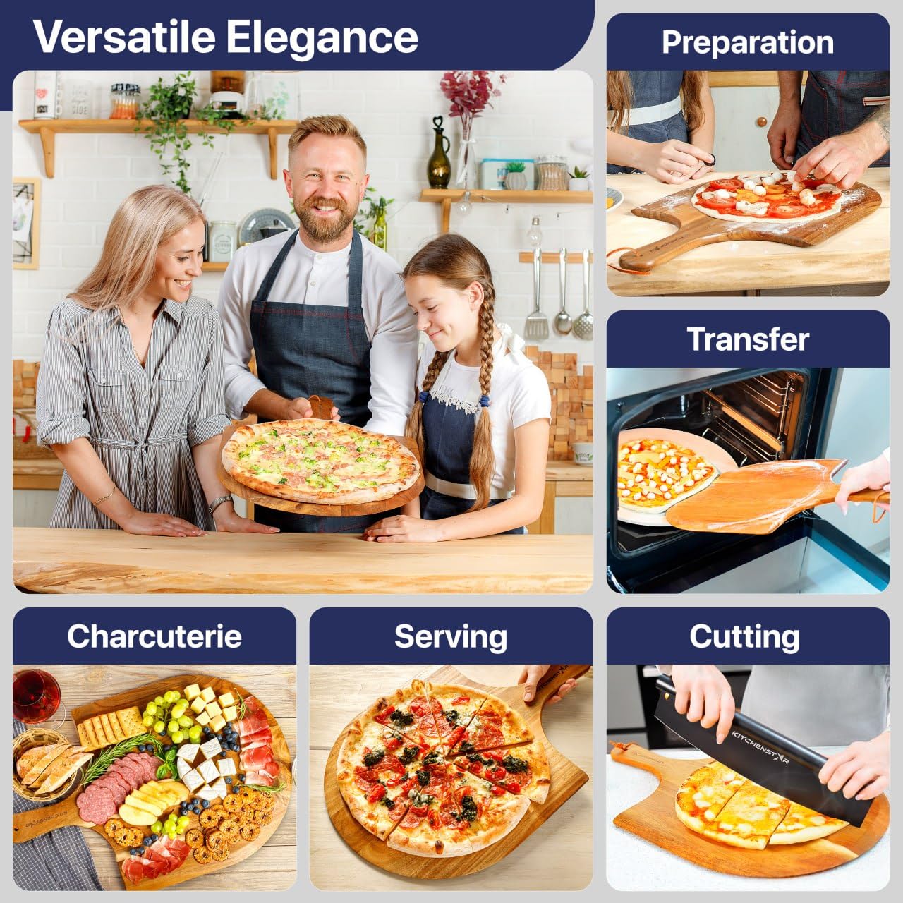 KitchenStar Pizza Cutter Rocker Blade 16" Black + Wooden Pizza Peel 16" + Pizza Stone for Oven and Grill 16" with Handles - Pizza Making Bundle