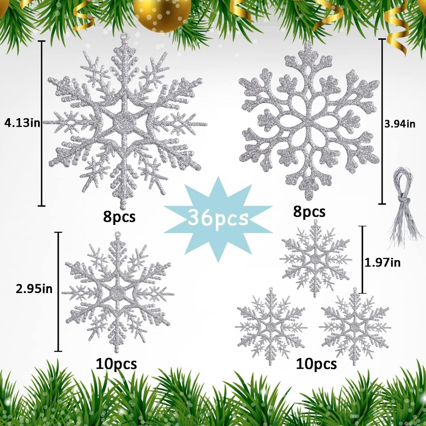 Skiennix Silver Snowflake Ornaments - 36 Pack Glittery Plastic Decorations for Winter & Christmas Trees