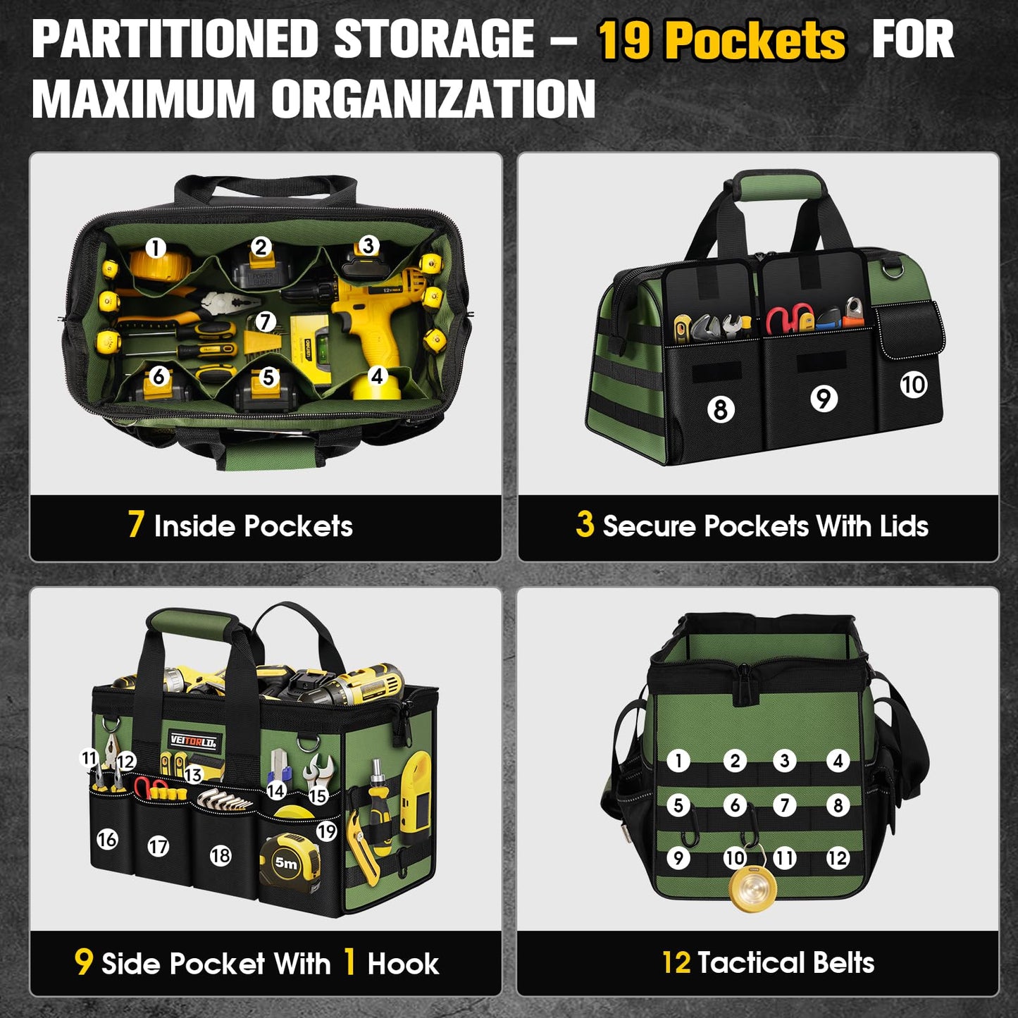16-Inch Heavy Duty Tool Bag, 19-Pockets Tool Box Organizer, Portable Toolbag W/Soft Handle for Organized Storage, Mechanic Gifts for Men Dad Husband Fathers Day, Wide Mouth Electrician Toolbox, Green