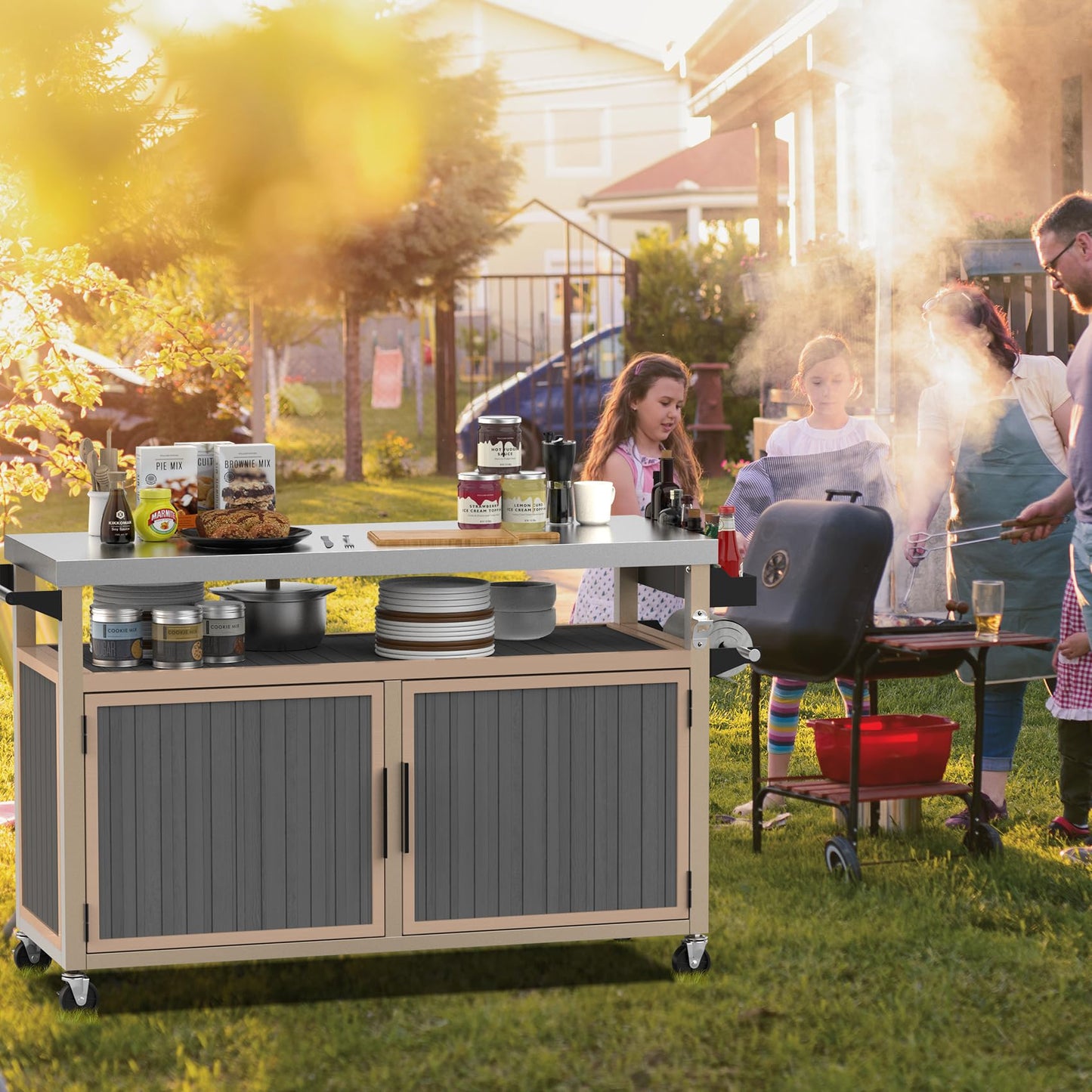 Skyflame Magnetic Hanging Trash Can and Outdoor BBQ Storage Cabinet with Wheels