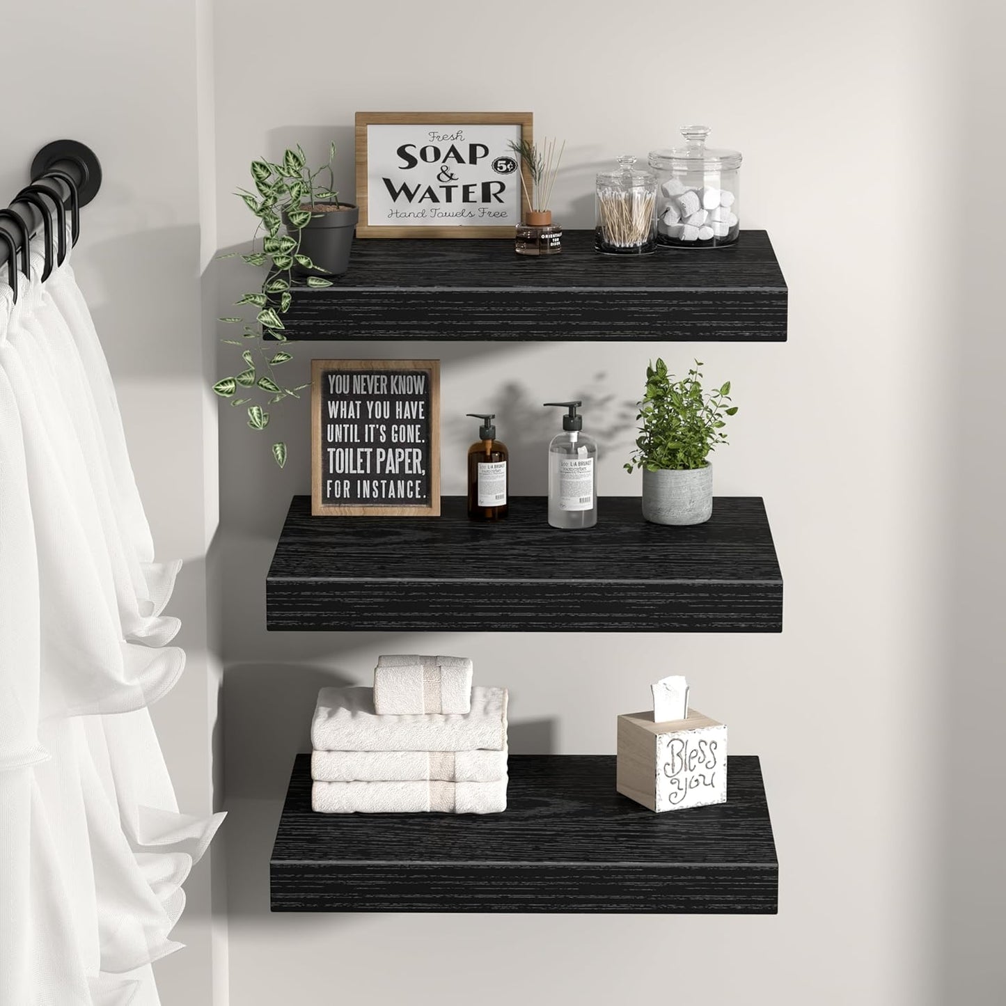 QEEIG Floating Shelves - 12" Deep Wall-Mounted Bookshelf Set of 3 for Bathroom, Bedroom & Kitchen - Black