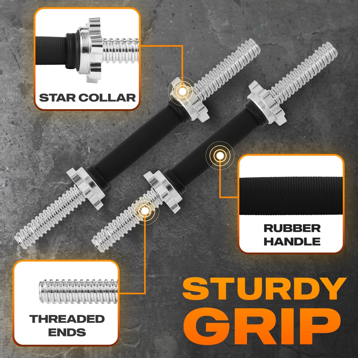 Yes4All Pair of Threaded Dumbbell Handles, Dumbbell Bar with Collars, Chrome/Rubber Grip, Fit 1 Inch Plates, Weight Bar Connector 16 Inches - Silver
