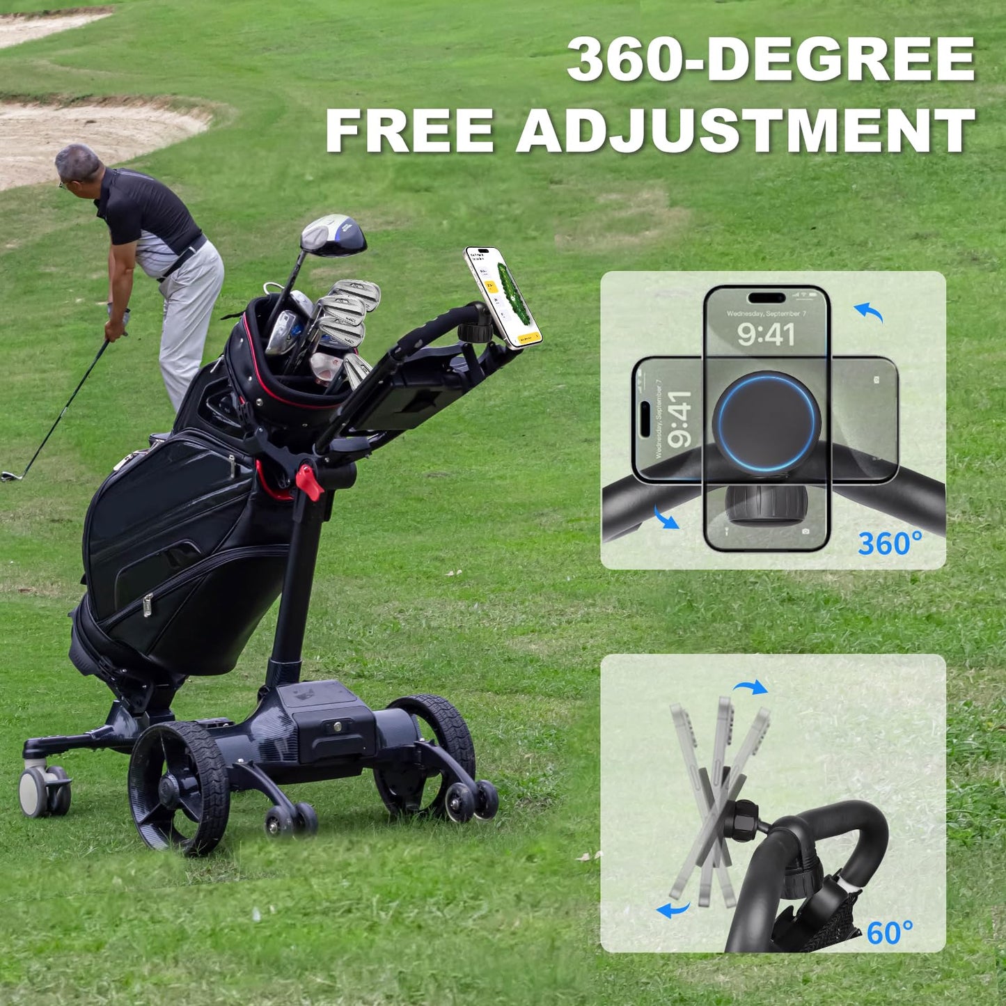 Golf Push Cart Magentic Phone Holder Mount 360° Rotatable with Strong Magnets Phone Holder for Push Golf Cart Compatible with Clicgear, Bag Boy, Sun Mountain, Golf Push Cart Accessories for All Phones