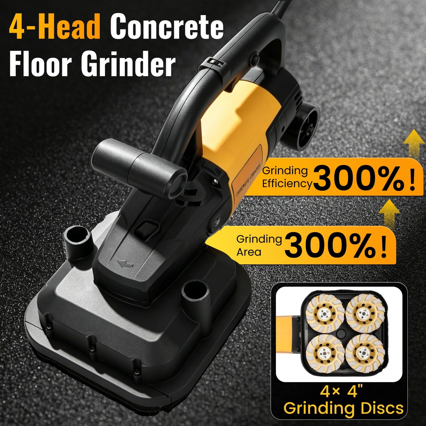 4-Head 3800W Concrete Floor Grinder with Extendable Rod, 6000 RPM 4” Concrete Sander with 6-Speed Control & Dust Collection Cover for Cement Marble Floors Granite & Surfaces