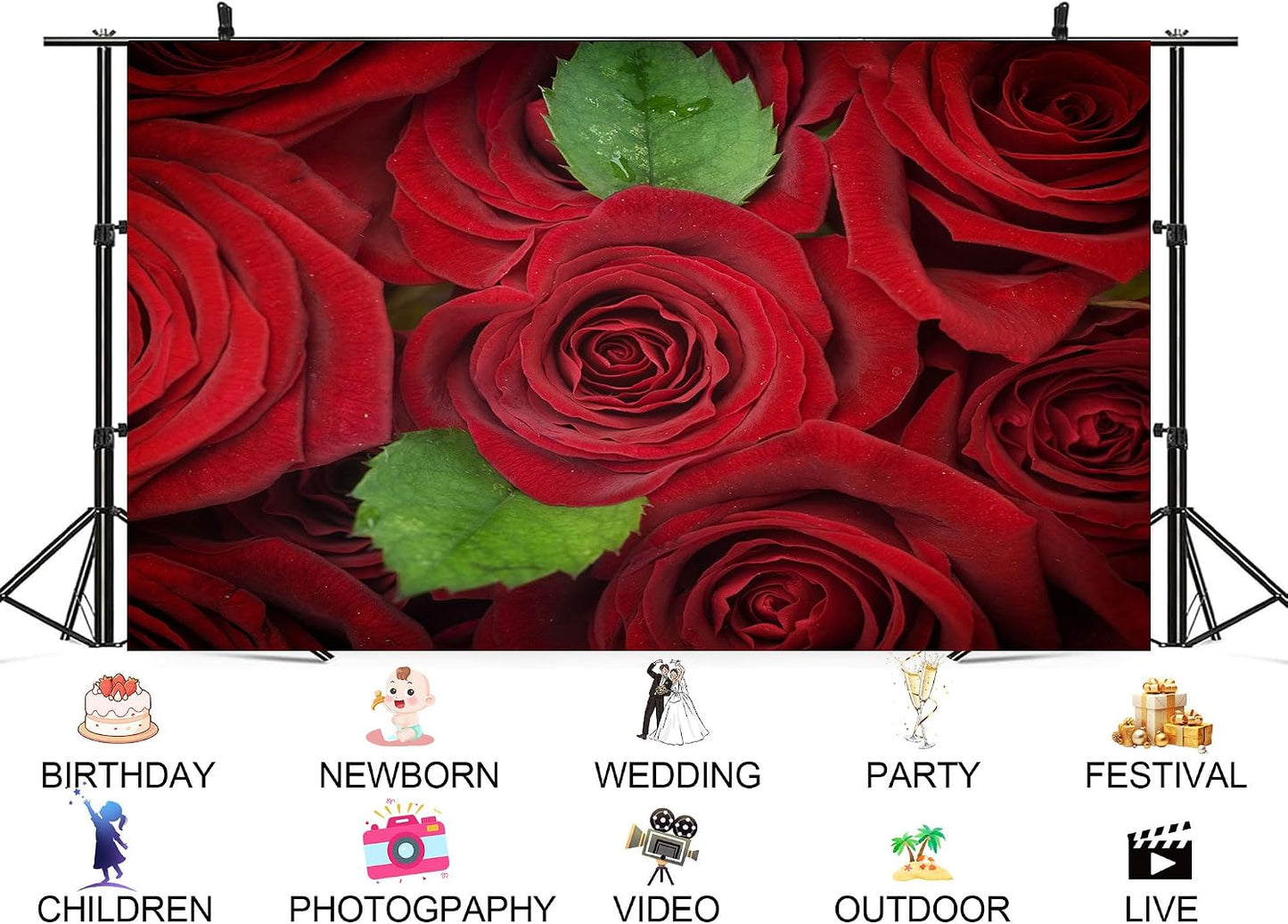 UPXIO 9x6ft Red Roses with Green Leaves Backdrop Romantic Floral Bouquet Photo Background Tapestry for Valentine's Day