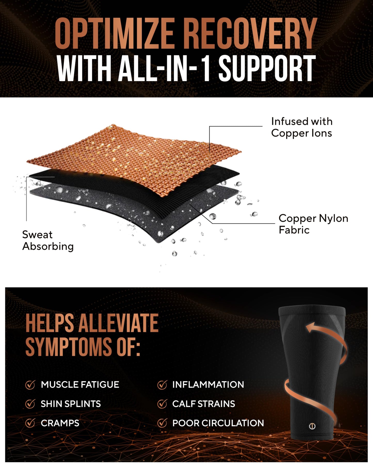 TheraCopper Copper Calf Compression Sleeve — Premium Copper Compression Shin Sleeve for Men & Women — Breathable & Non-Slip Leg Sleeves for Runners, Shin Splints, Muscle Recovery & Leg Fatigue (Large)