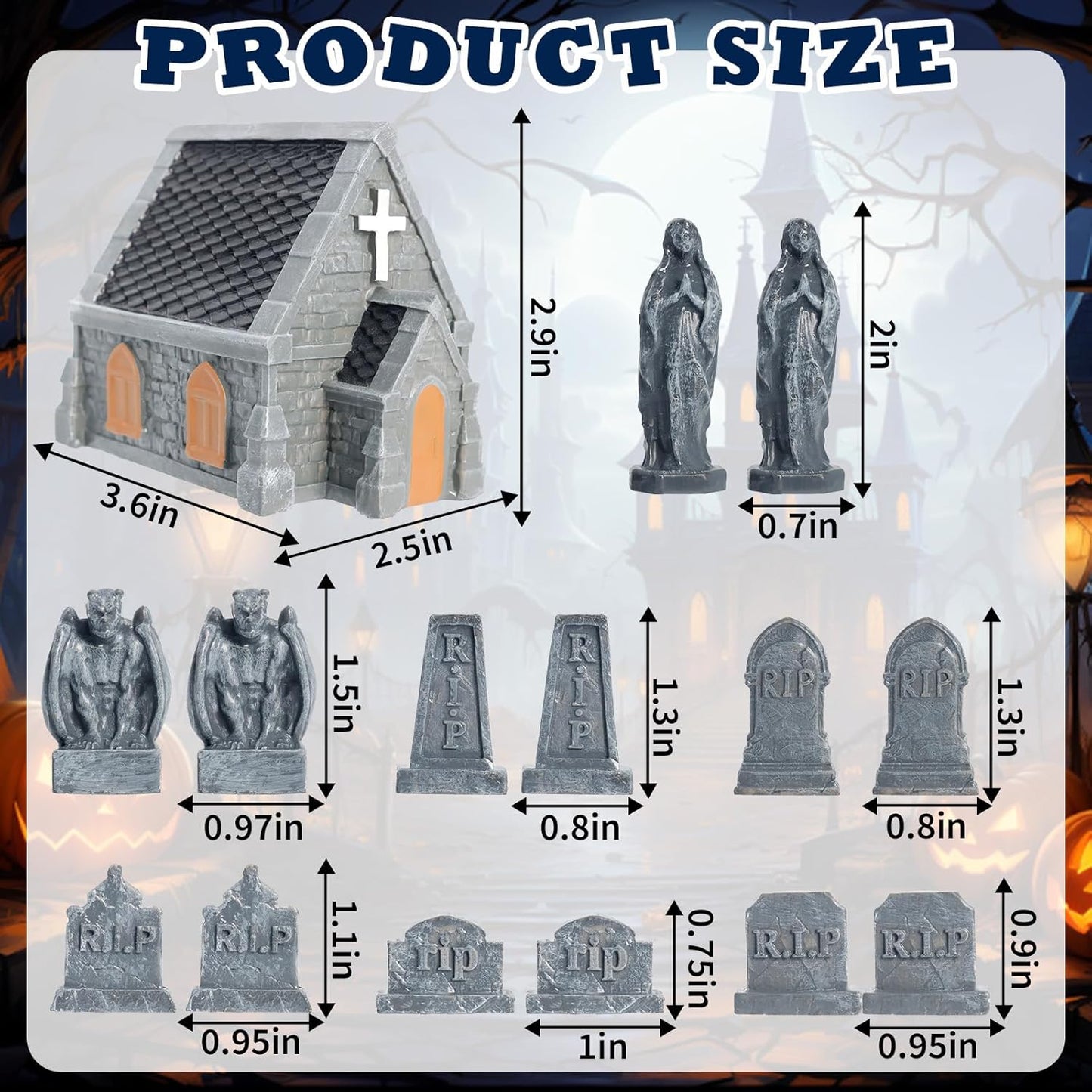 Rileryan Miniature Church Tombstones - 15 PCS Gargoyle & Virgin Figurines for Halloween Decor