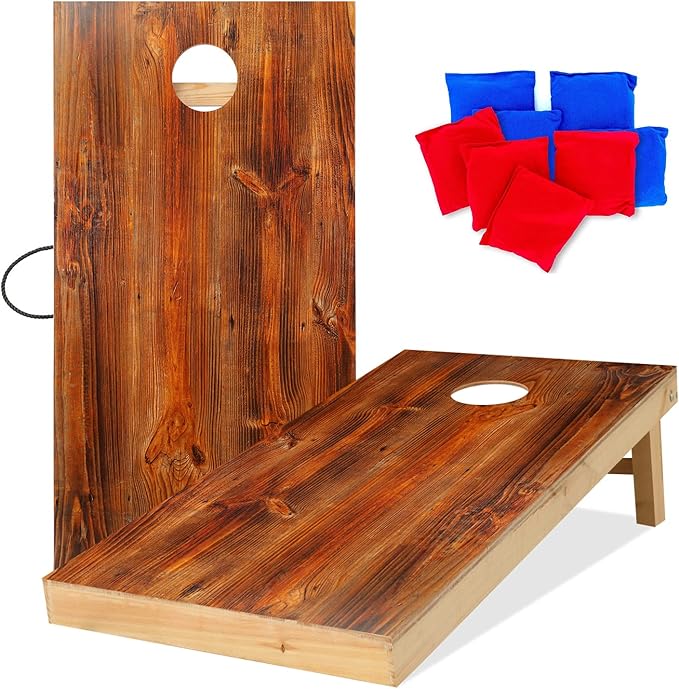 UKASE Solid Wood Regulation Size Cornhole Set Portable Bean Bags Toss Game with Durable Wood Grain Printed Surface and Underneath for Indoor and Outdoor