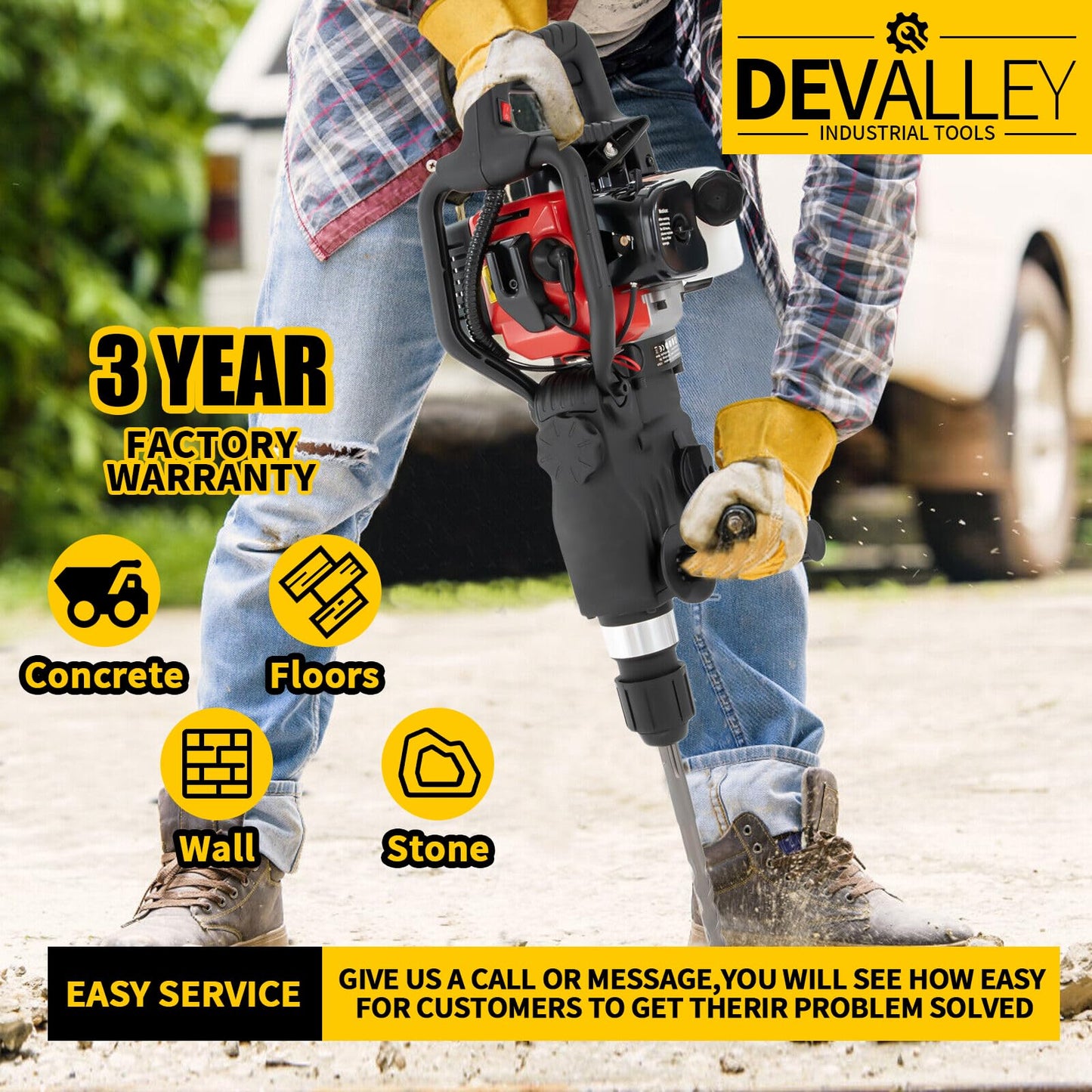 DEVALLEY Demolition Jack Hammer 33CC 2-Stroke Gas Powered Jack Hammer with Air Cooling System Hand Pull Start Gasoline Concrete Breaker Hammer for Hammering, Slotting,Drilling,Crushing