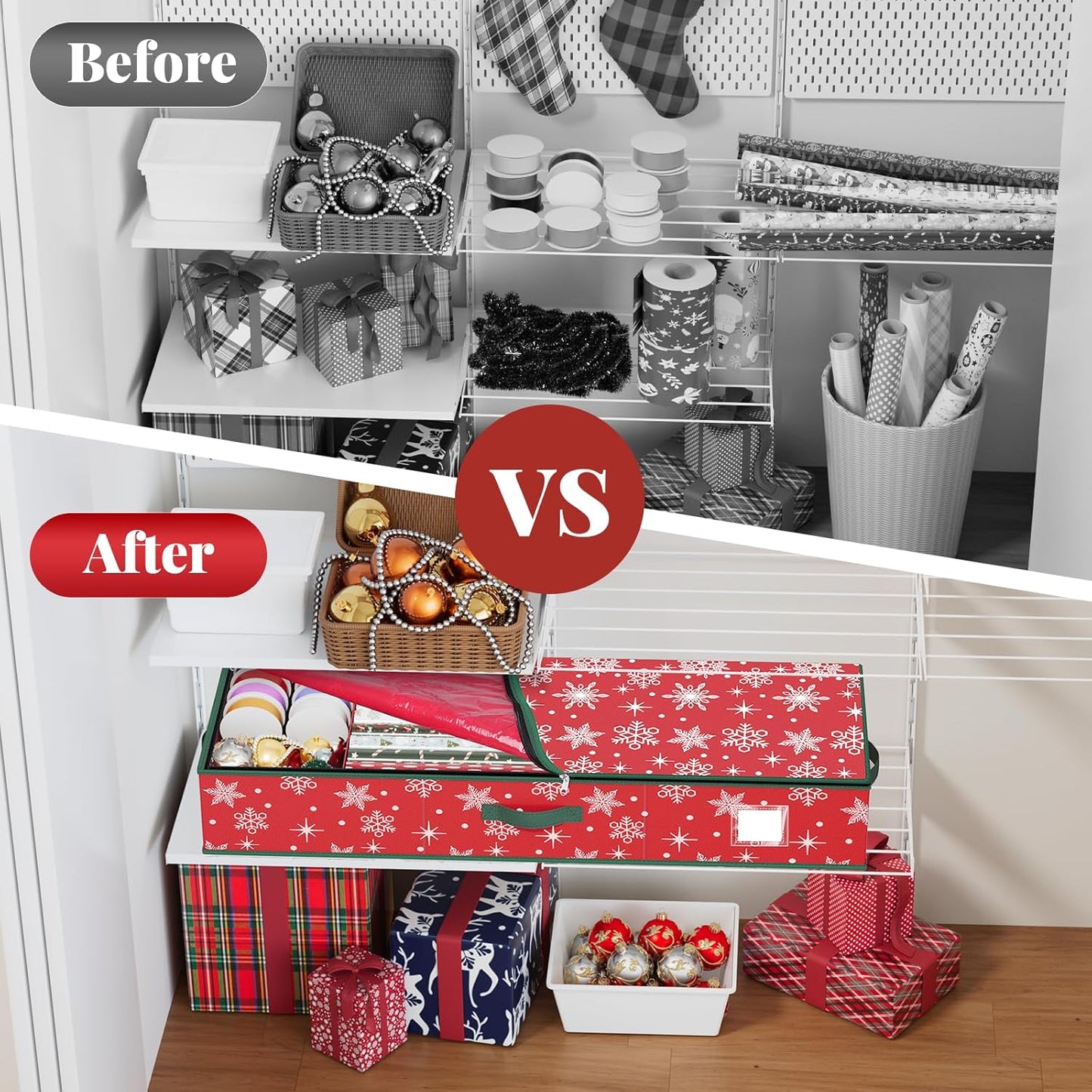 StorageRight Wrapping Paper Organizer - Holiday Gift Storage Box for Snowflake/Red Paper Ornaments