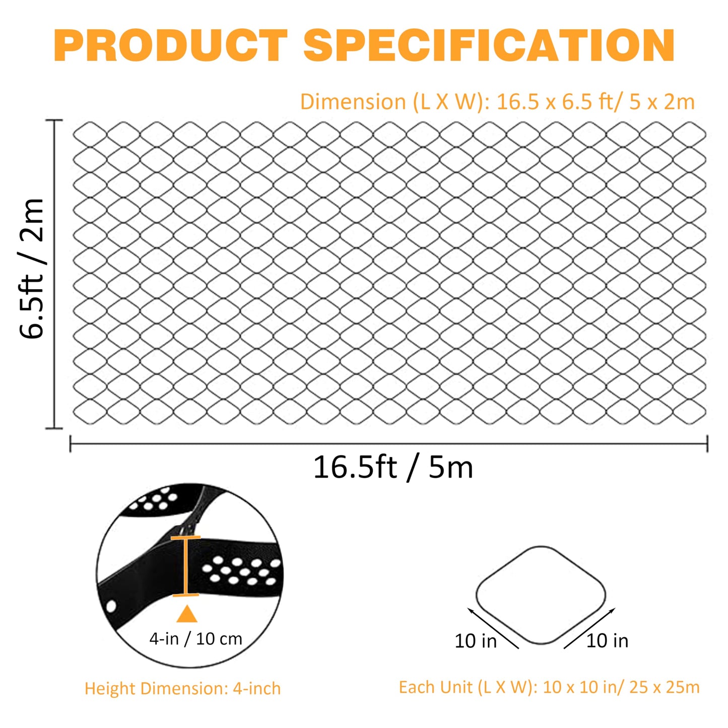 Sunnyglade 4" Thick Ground Grid 16.5 x 6.5 FT, Gravel Retainer 1880 LBS Per Sq ft, Geo Grid Driveway Stabilization for DIY Patio Walkway Driving RV Parking Slopes and Garden (Black, 6.5 x 16.5 FT)