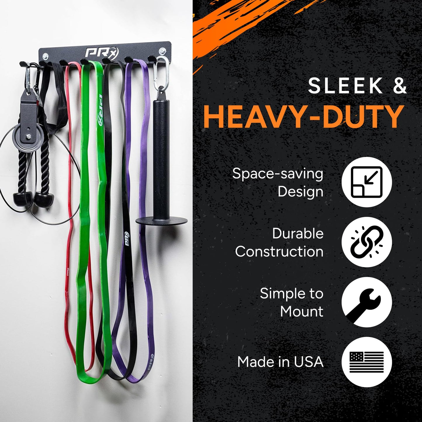 PRx Performance Wall-Mounted Gym Rack Organizer – Heavy-Duty Fitness Equipment Storage for Resistance Bands, Jump Ropes & Lifting Belts– Space-Saving 7 Hook Shelf, Made in USA – Compact Design - Black