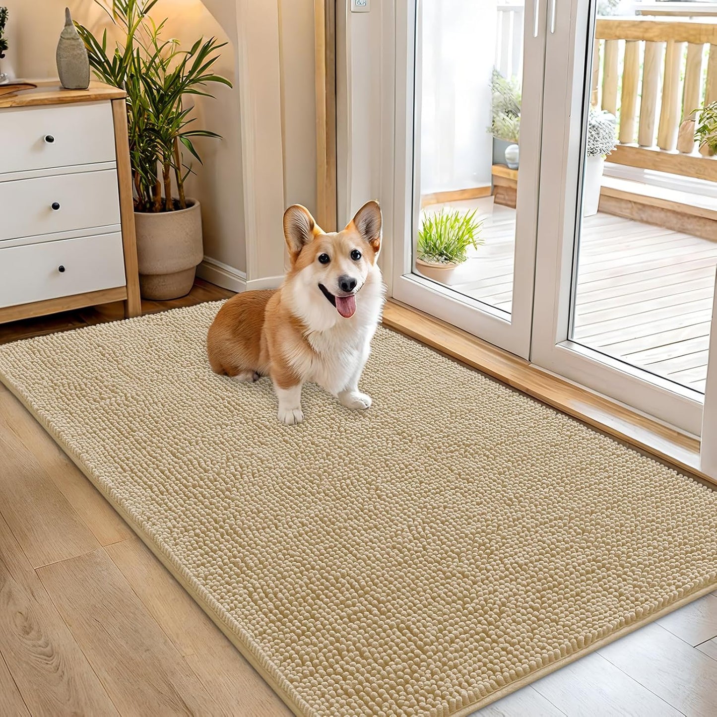 OLANLY Dog Door Mat - Absorbent Non-Slip Washable Chenille Mat for Muddy Paws | 54x32, Beige