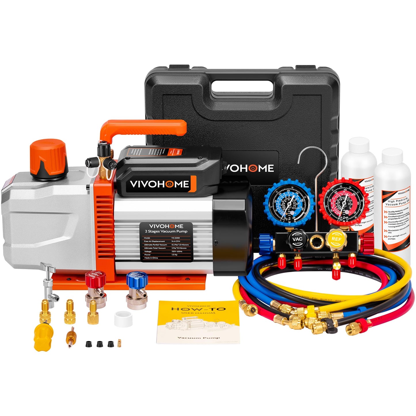 VIVOHOME VG Series AC Vacuum Pump and Gauge Set, 1.5 HP 14.4CFM 2 Stage HVAC Vacuum Pump and 4 Way Manifold Gauge Kit with 5ft Hoses for R134a R12 R22 R502 R410a Auto HVAC Systems Commercial Use