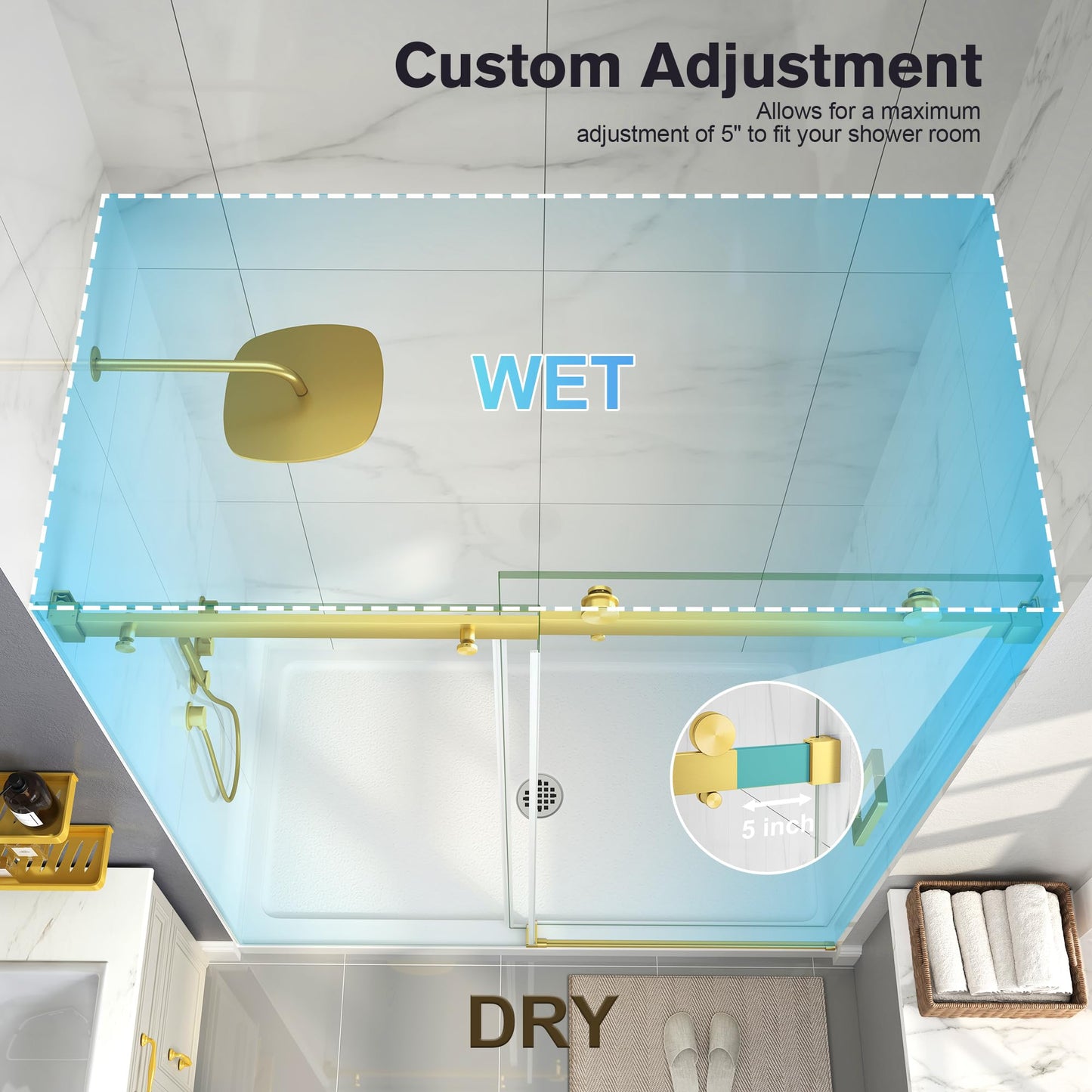 EASYWORC Frameless Shower Door, 43-48" W x 76" H Sliding Glass Shower Door, 1/4''(6mm SGCC Tempered Glass with Explosion-Proof Film Nano Coating in Brushed Gold Finish