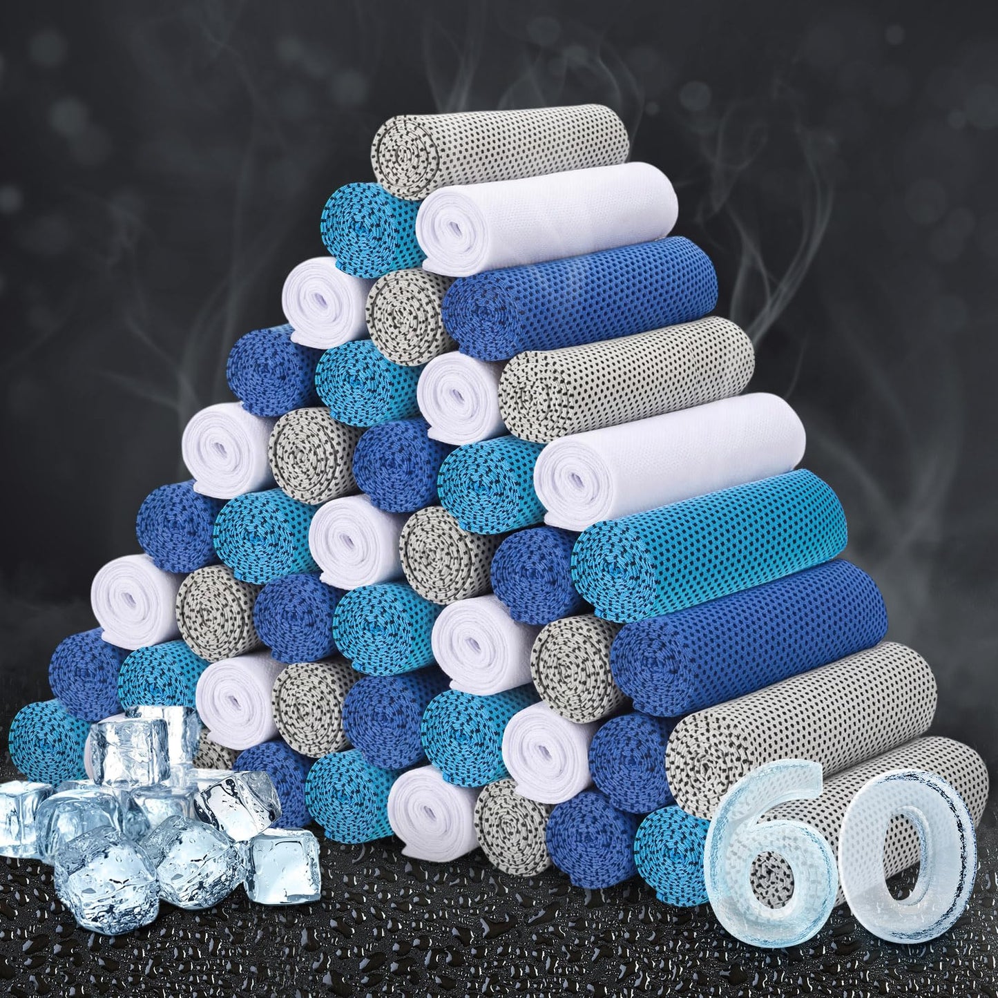 Honoson 60 Pcs Cooling Towel Bulk - 28" x 16" Neck & Face Cool Chilly Towels Microfiber Breathable Sport Sweat Rag for Gym, Yoga, Travel, Camping, Running, Outdoor(Gray Blue White)