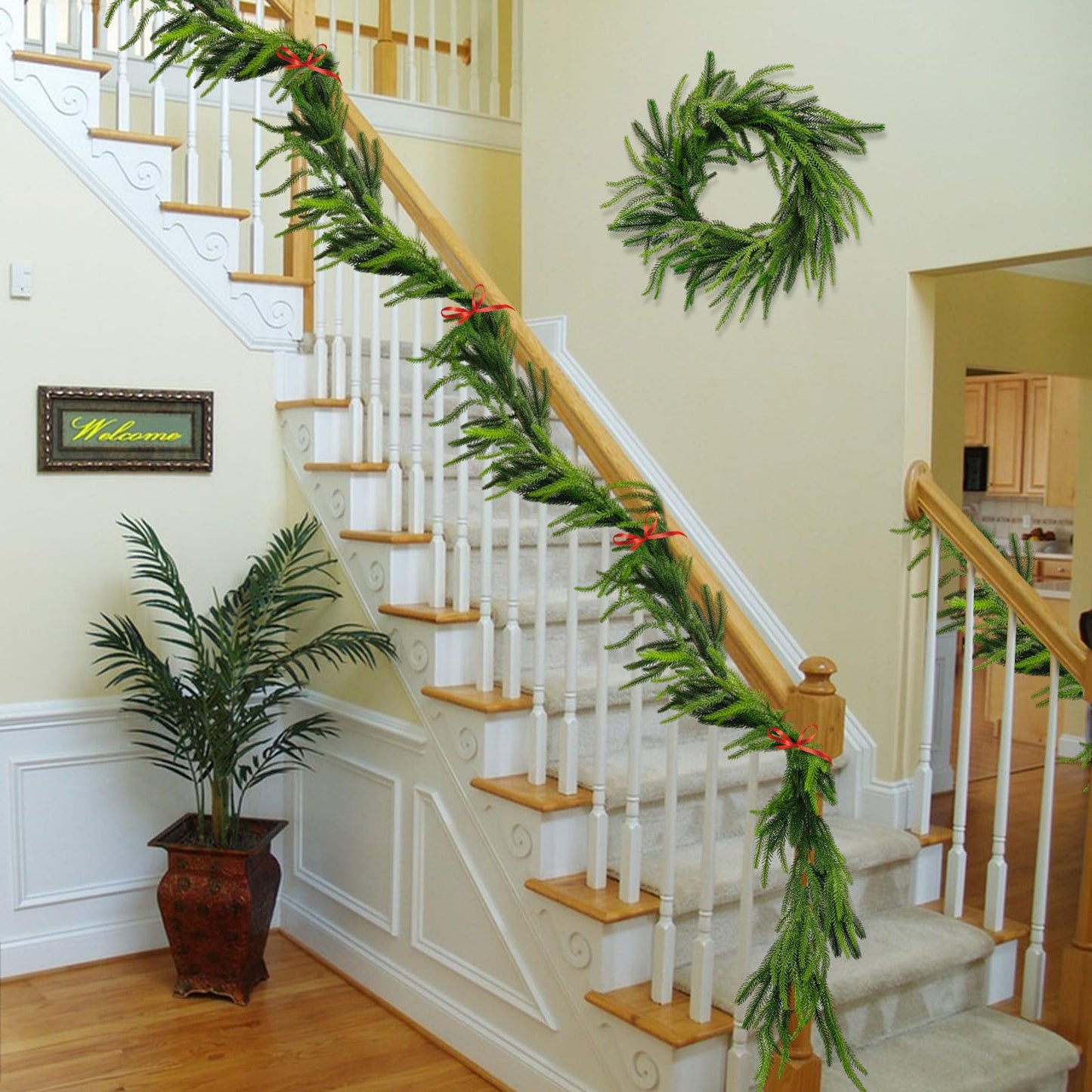 Tirdkid 2 Pack Christmas Garland Table Garland Real Touch Norfolk Pine Garland, 12ft Artificial Faux Greenery Garlands for Wedding Mantle Indoor Home Decor Xmas Holiday Seasonal
