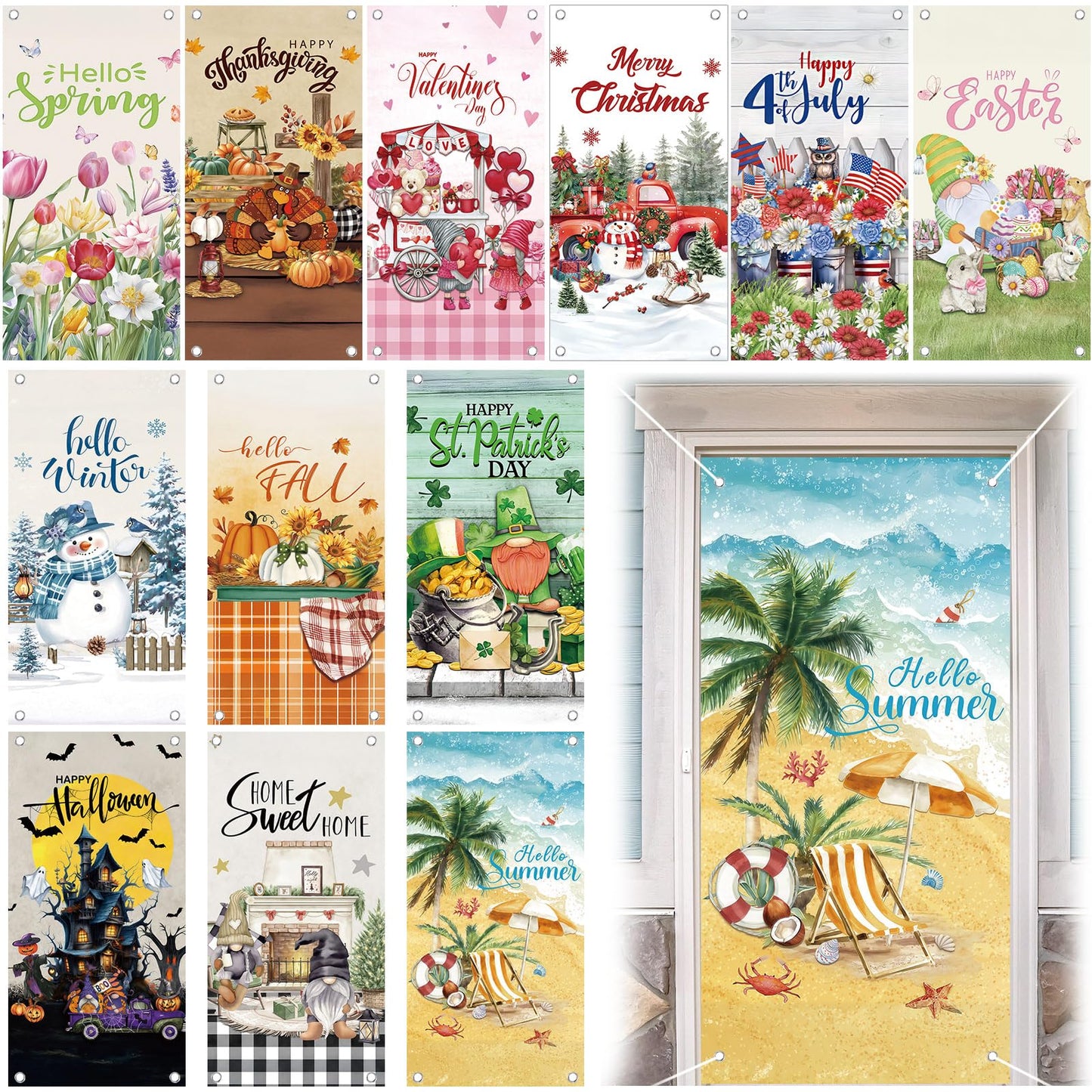 Breling 12 Pcs Seasonal Door Cover Decorations for Front Door Holidays Interchangeable Large Photography Background Banner Porch Sign for Patriotic Summer Home Office Party Supplies(Classic)