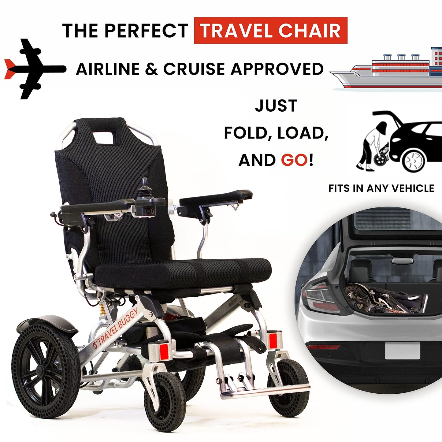 Travel Buggy Electric Wheelchair City 2 Plus, Lightweight, Foldable, Portable, Weight Capacity 395lbs, Air Travel Friendly - Ships from and Serviced in USA (Silver, with Caregiver Control)