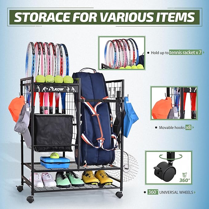 PLKOW Tennis Bag Organizer Tennis Racket Storage Rack, Tennis Equipment Holder for Bags, Balls, Racquet & Accessories, Versatile Gear Organizer for Garage, Club, or School