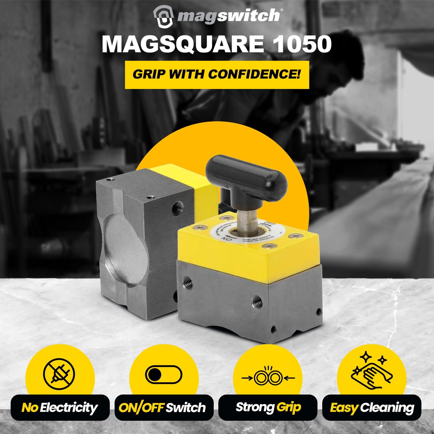 Magswitch MagSquare Magnetic Welding Square Base Clamp Holder for Welding Kit, Tools, Supplies and Accessories, Magnet Switch with On/Off Capabilities, yellow/Silver/Black, 1050 LBS