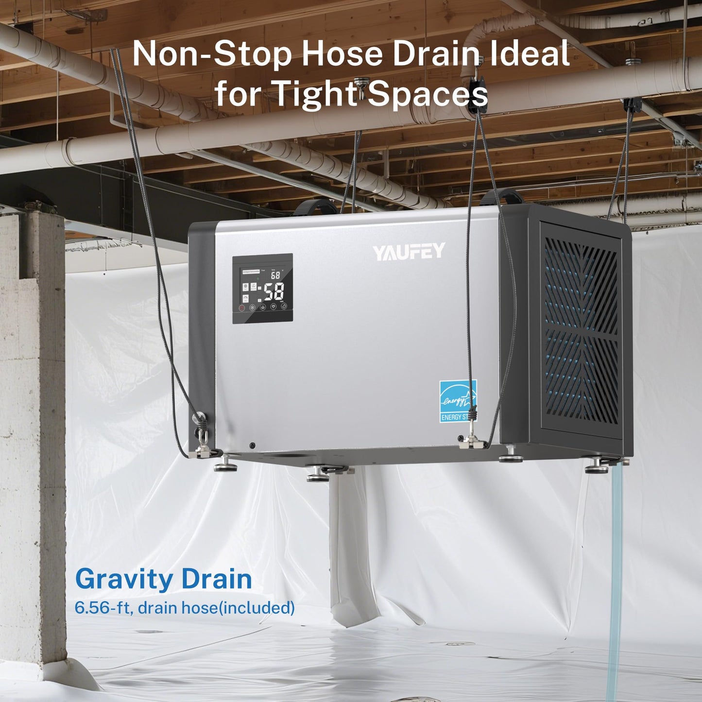 Yaufey 70 Pints Energy Star Commercial Dehumidifier with Drain Hose for 5000 Sq. Ft. Crawl Space, Basement, Industrial, 10-90% RH Humidity Control, 24/7 Continuous Drainage,TUV Certified,5-Yr Coverage