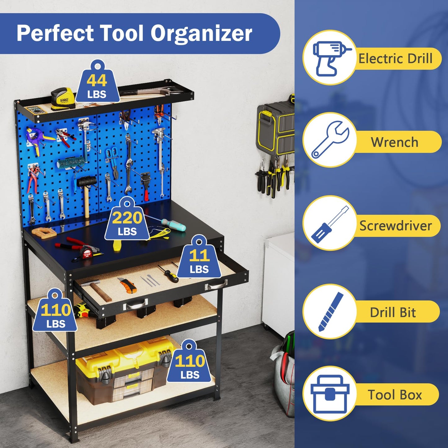 Goplus Workbench with Drawer, 32" x 16" Heavy-Duty Work Table with 2 PCS Pegboard & 4 Shelves, 19 Hanging Hooks, 495LBS Capacity, Metal Tool Storage Work Bench for Garage, Workshop, Home