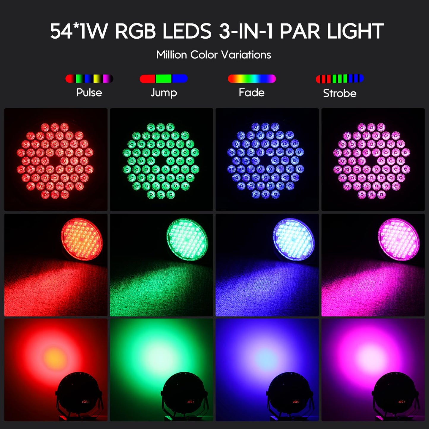 BETOPPER Ultra Slim DJ Par Light, 54x1W RGB LED Par Can with DMX512, Low Profile Stage & Uplighting Light, Remote & Sound Activated DJ Lights for Wedding Party Disco, 4 Pack