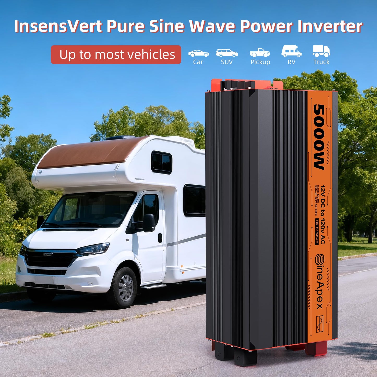5000W Pure Sine Wave Inverter, Car Power Inverter 12V to 120V with Dual AC and 20A Socket, 18W+18W USB, 100W+30W Type-C, Surge 10000W, Remote Controller
