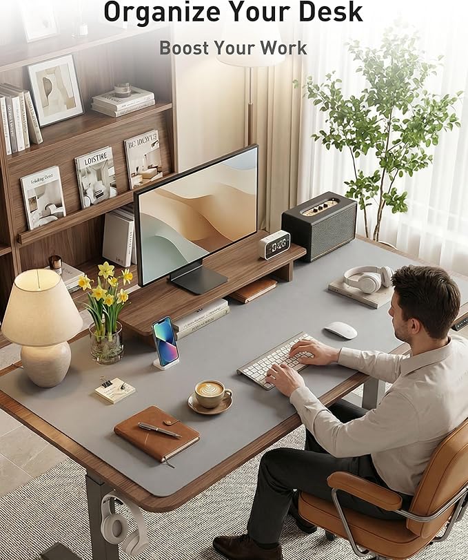 Aothia Faux Leather Desk Mat - Large Mouse Pad, Non-Slip PU Leather Blotter, Waterproof Writing Surface for Office and Home (Light Grey, 40" x 24")