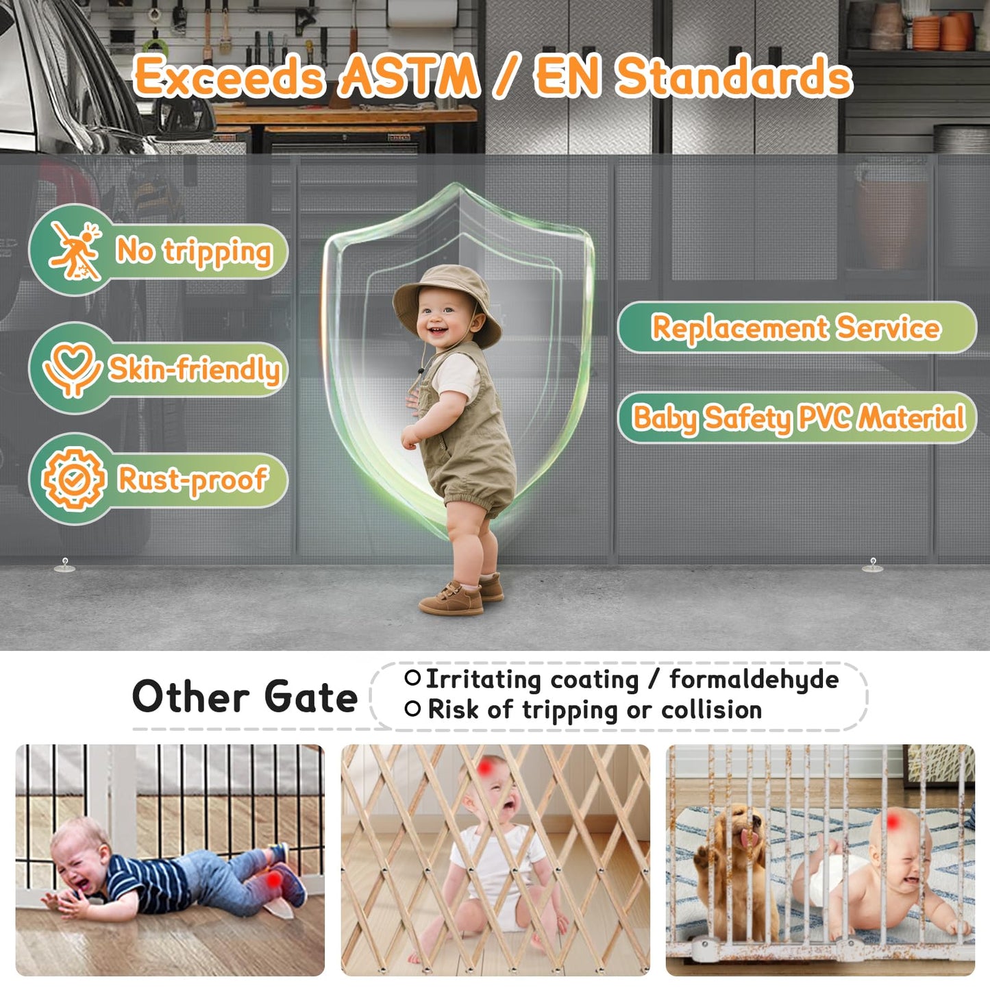 200'' Retractable Baby Gates Extra Wide,34" Tall Retractable Dog Gate for Doorways, Stairs, Hallways, Decks, Garage,16 FT Indoor/Outdoor Grey Retractable Gate with Fiberglass Reinforcement Rods