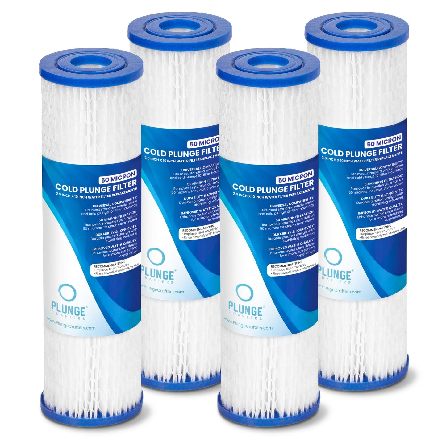 Cold Plunge Water Filter Cartridges, 50 Micron Sediment Filters for Ice Bath & Cold Plunge Tubs, Universal 10” x 2.5” Water Filter Replacements, Under Sink & Whole House Systems, 4-Pack