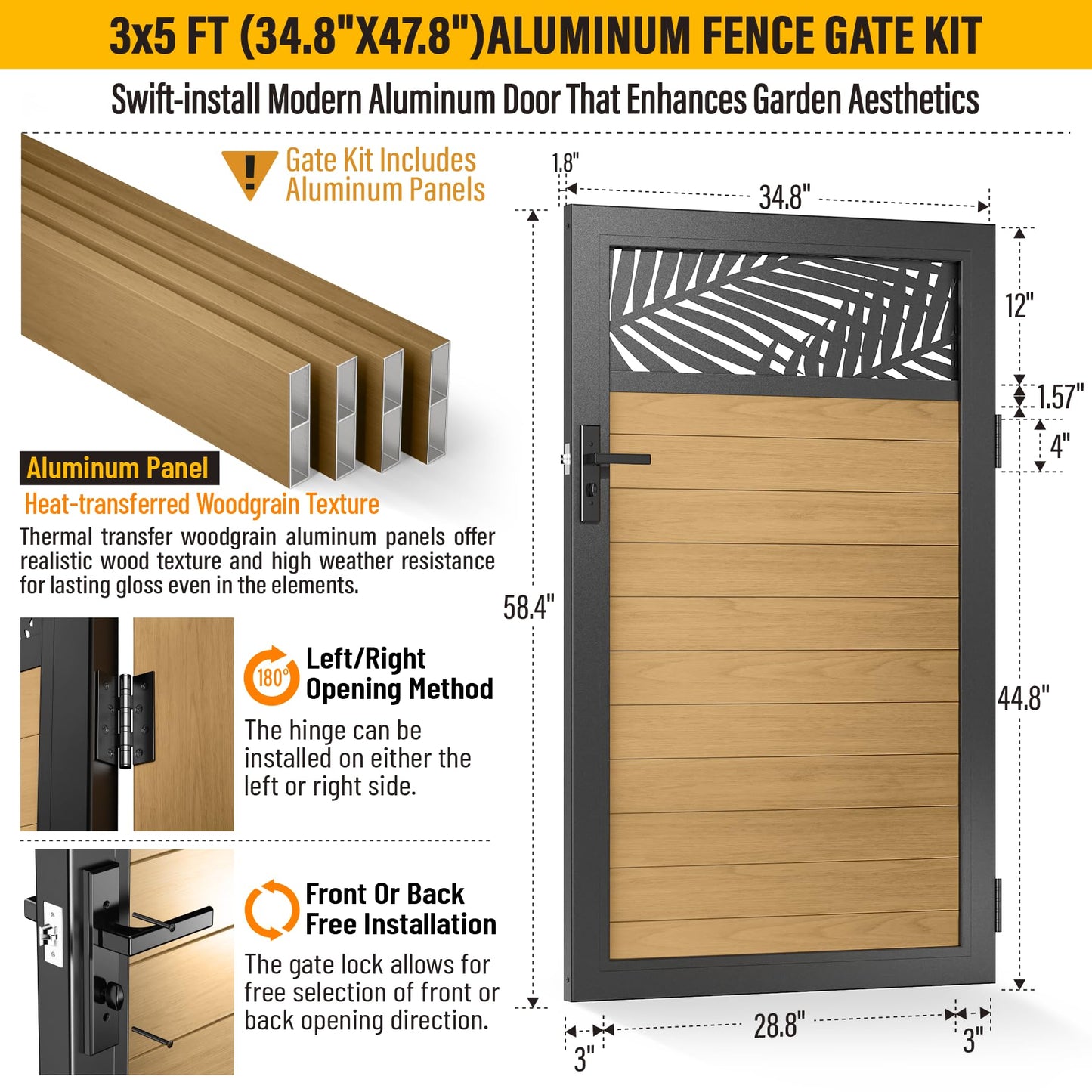 Brukid 3x5 FT Aluminum Fence Gate Kit Wood Grain Aluminum Gate with Decorative Cutout, Lock & Hinges, Left/Right Opening, Weather Resistant for Yard Garden Patio