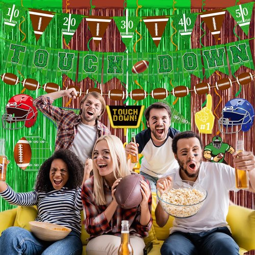 Football Party Decorations 25Pcs Brown Green Football Curtains Pre-Assembled Banner Hanging Swirl Spirals for Football Game Day Sunday Night Photo Booth Backdrops Theme Birthday Party Supplies Decors