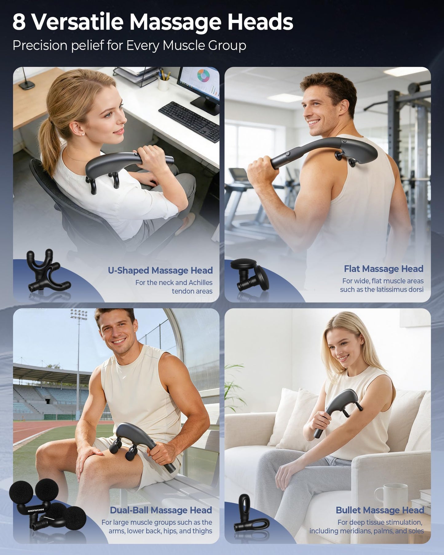 KingPavonini Multi-Head Detachable Massage Gun Deep Tissue with Extension Handle, Large Coverage Alternating Percussion Massager Gun for Pain Relief, Handheld Back Massage Gun, Gift for Men Women