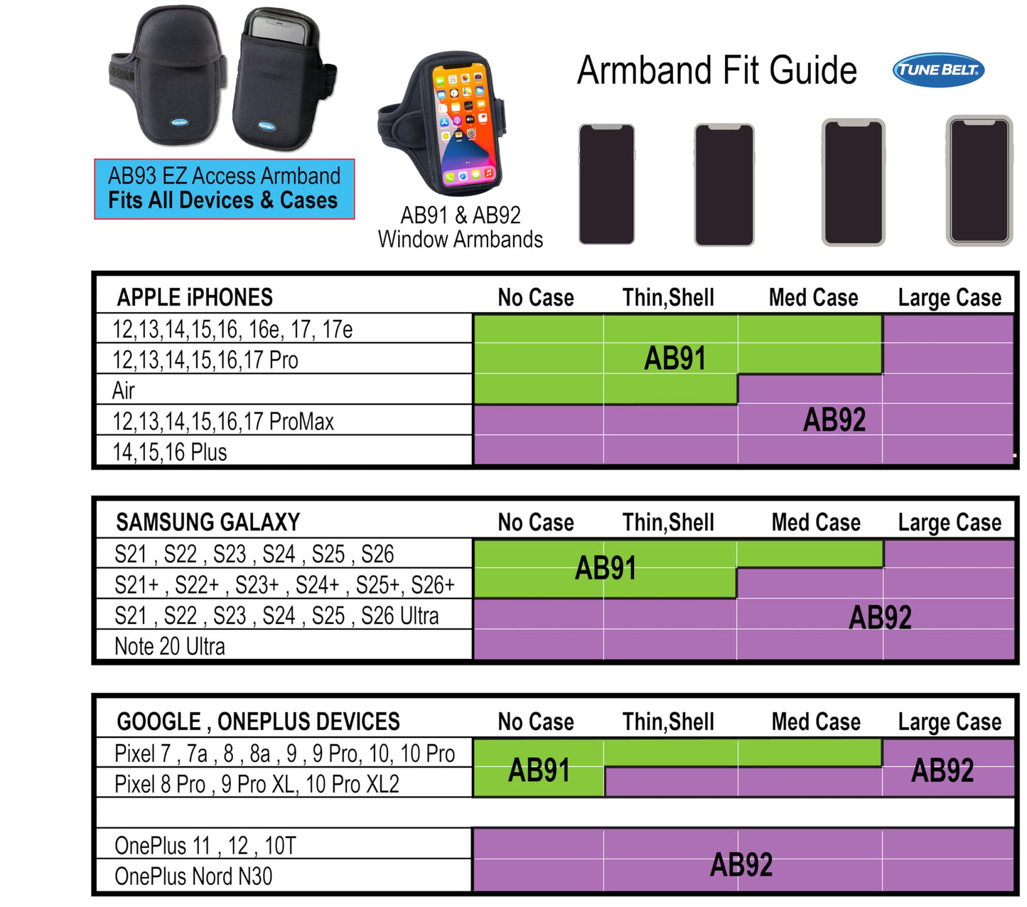 Tune Belt AB92 Cell Phone Armband for Running - Fits iPhone 17/16/15/14/13 Pro Max, Plus, Samsung Galaxy Ultra/Plus/Note and Large Phones with Protective Cases, Sweat-Resistant Exercise Holder (Black)