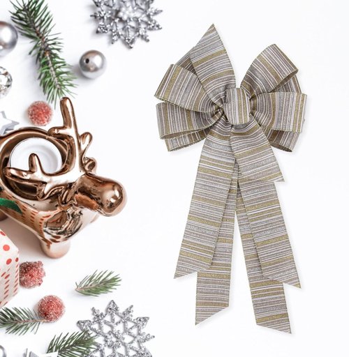 Meseey Burlap Ribbon Bow - Large 11 x 20 Inch Gold & Silver Glitter Stripe for Christmas Gifts & Party Decor